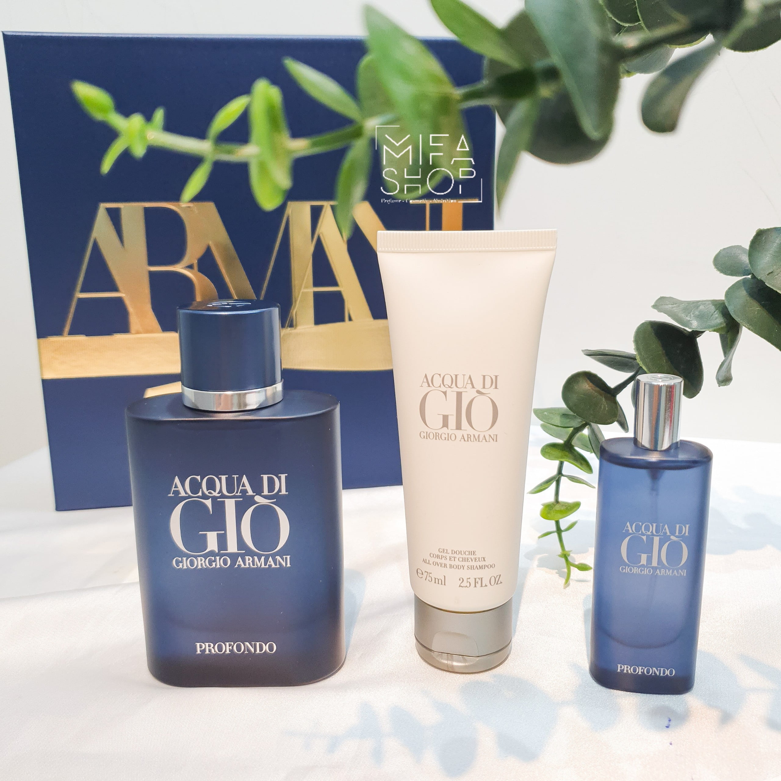 Gift Set Giorgio Armani Acqua di Gio Profondo 3pcs ( EDP 75ml & Gel Douche 75ml & EDP 15ml )